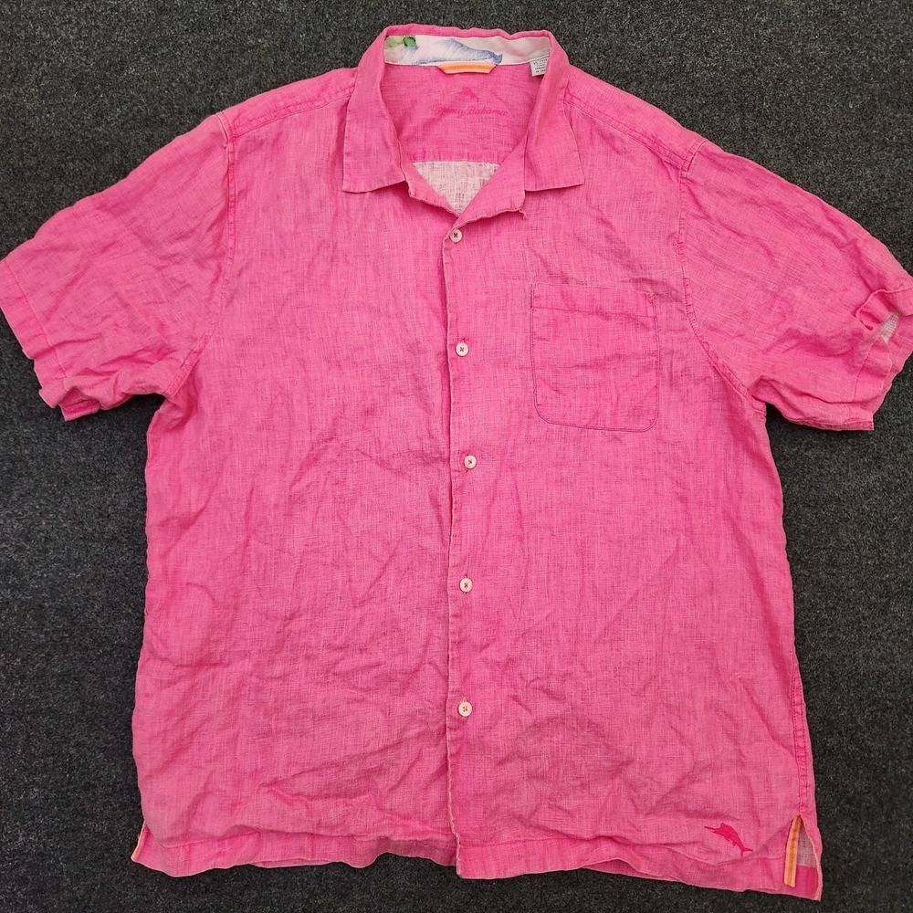 Tommy Bahama Mens XL Pink Button Up 100% Linen Shirt Coastal Yacht Club Jetset